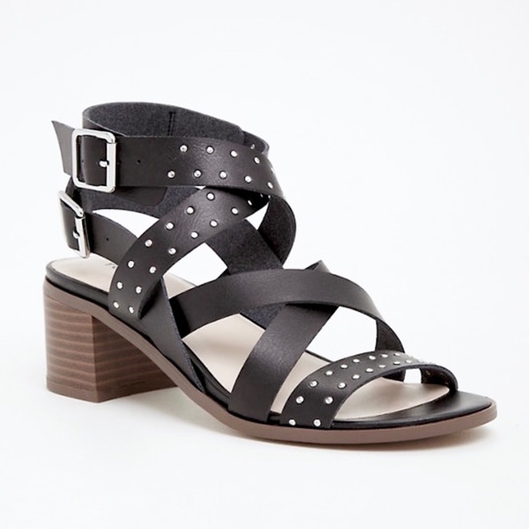 torrid Shoes - Torrid Wraparound Wood Look Block Heel Sandals Vegan Leather Black silver studs